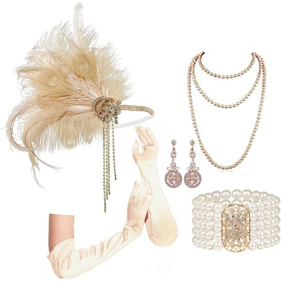 1920s Accessories Set for Women Flapper Costume Headband Necklace Gloves - Picture 1 of 7